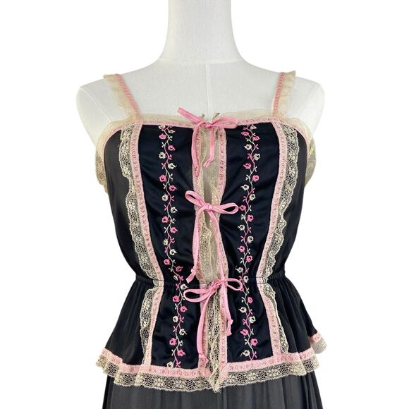 Vintage 70s Gossard Artemis Black & Pink Lacy Embroidered Maxi Nightgown size S - Picture 1 of 11